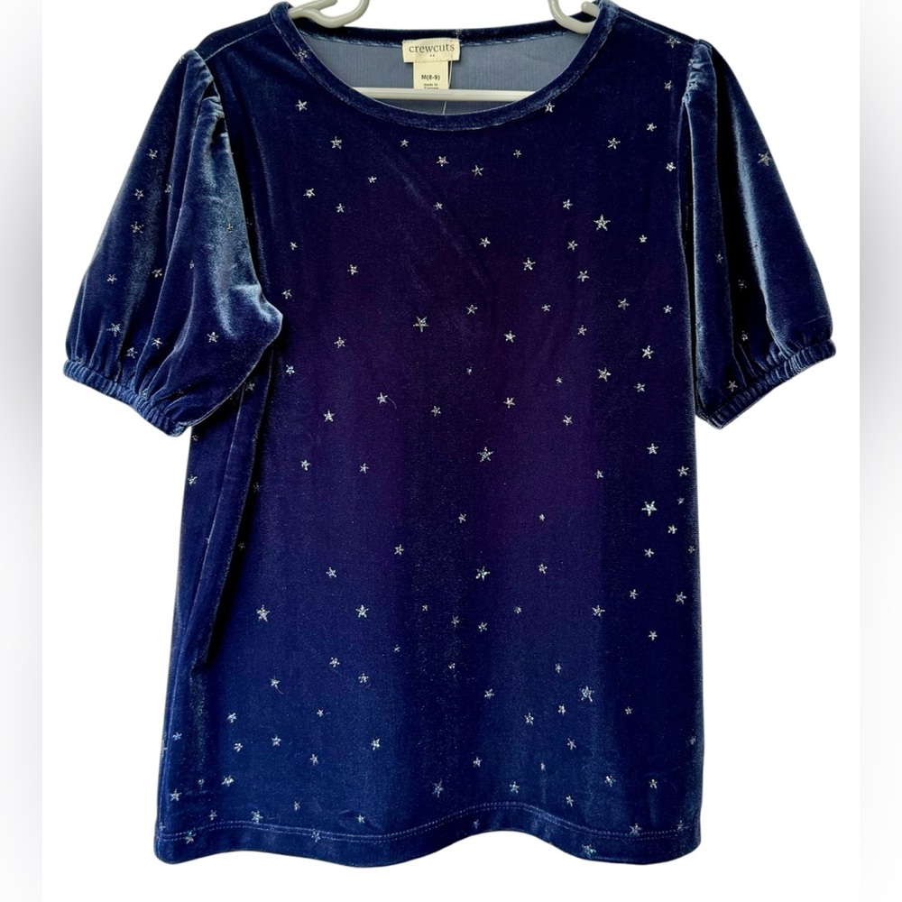 NWT Crewcuts Velvet Navy Short Sleeved Top with Silver Stars—Size Medium (8-9)